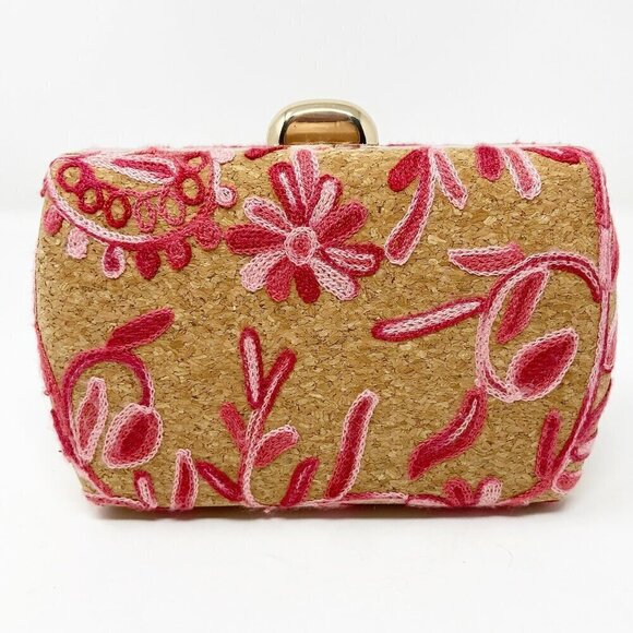 D'MARGEAUX NEW YORK | Pink Embroidered Floral Cork Clutch w/Crossbody Chain - Picture 2 of 8